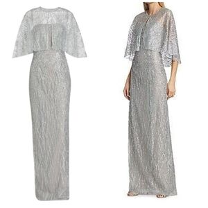 Marchesa Notte Strapless Beaded Glitter Tulle Column Gown Caplet